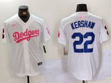 Cheap Men's Los Angeles Dodgers #22 Clayton Kershaw White Pink Vin & Kobe Patch Stitched Baseball Jersey