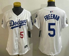 Cheap Women\'s Los Angeles Dodgers #5 Freddie Freeman Number White 2024 World Series With Fernando 34 Patch Limited Stitched Jersey