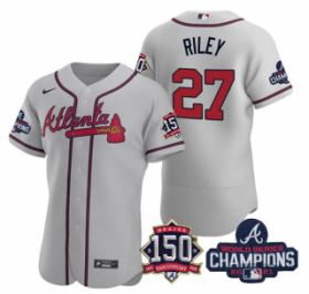 Wholesale Cheap Men\'s Grey Atlanta Braves #27 Austin Riley Swanson 2021 World Series Champions With 150th Anniversary Flex Base Stitched Jersey