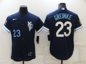 Wholesale Cheap Men\'s Kansas City Royals #23 Zack Greinke Number 2022 Navy Blue City Connect Cool Base Stitched Jersey