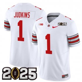 Men\'s Ohio State Buckeyes #1 Quinshon Judkins White 2025 CFP Final Patch F.U.S.E. Vapor Limited Stitched Football Jersey