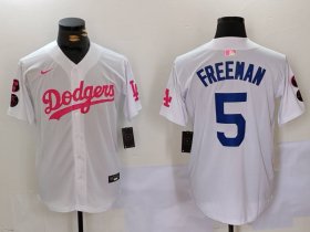 Cheap Men\'s Los Angeles Dodgers #5 Freddie Freeman White Pink Vin & Kobe Patch Stitched Baseball Jersey