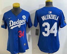 Cheap Women\'s Los Angeles Dodgers #34 Fernando Valenzuela Number Blue 2024 World Series With Fernando 34 Patch Limited Stitched Jersey