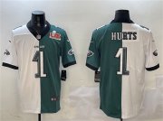 Cheap Men's Philadelphia Eagles #1 Jalen Hurts White & Green Split 2025 Super Bowl LIX Patch Vapor Untouchable Limited Football Stitched Jersey