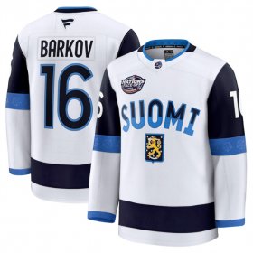 Men\'s Finland #16 Aleksander Barkov White 2025 4 Nations Face-Off Premium Stitched Jersey