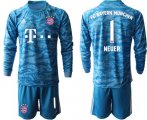 Wholesale Cheap Bayern Munchen #1 Neuer Light Blue Goalkeeper Long Sleeves Soccer Club Jersey