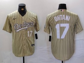 Cheap Men\'s Los Angeles Dodgers #17 Shohei Ohtani Number Cream Pinstripe Cool Base Stitched Jersey