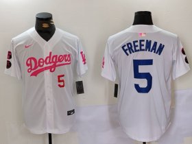 Cheap Men\'s Los Angeles Dodgers #5 Freddie Freeman White Pink Vin & Kobe Patch Stitched Baseball Jerseys