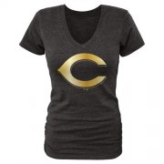 Wholesale Cheap Women's Cincinnati Reds Fanatics Apparel Gold Collection V-Neck Tri-Blend T-Shirt Black