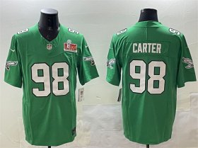 Men\'s Philadelphia Eagles #98 Jalen Carter Green 2025 Super Bowl LIX Patch F.U.S.E. Throwback Vapor Untouchable Limited Stitched Football Jersey