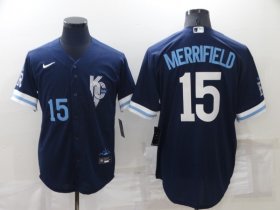 Wholesale Cheap Men\'s Kansas City Royals #15 Whit Merrifield Number 2022 Navy Blue City Connect Cool Base Stitched Jersey