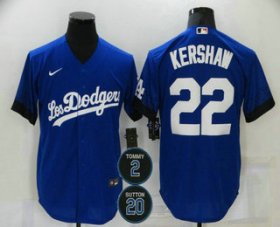 Wholesale Cheap Men\'s Los Angeles Dodgers #22 Clayton Kershaw Blue #2 #20 Patch City Connect Cool Base Stitched Jersey