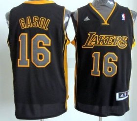 Wholesale Cheap Los Angeles Lakers #16 Pau Gasol Revolution 30 Swingman All Black With Yellow Jersey