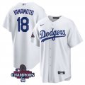 Cheap Men's Los Angeles Dodgers #18 Yoshinobu Yamamoto White 2024 World Series Champions Cool Base Stitched Baseball Jersey