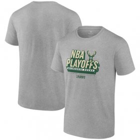 Cheap Men\'s Milwaukee Bucks Heather Gray 2024 Playoffs Defensive Stance T-Shirt