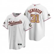 Wholesale Cheap Men's Washington Nationals #31 Max Scherzer White Gold 2019 World Series Champions Stitched MLB Cool Base Nike Jersey