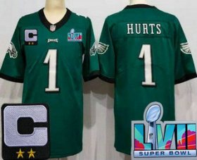 Cheap Youth Philadelphia Eagles #1 Jalen Hurts Limited Green C Patch Super Bowl LVII Vapor Jersey