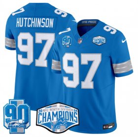 Cheap Men\'s Detroit Lions #97 Aidan Hutchinson Blue 2024 NFC North Champions 90th Anniversary Patch F.U.S.E. Vapor Limited Stitched Jersey