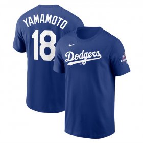 Cheap Men\'s Los Angeles Dodgers #18 Yoshinobu Yamamoto Royal 2024 World Series Champions Name & Number T-Shirt