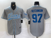 Cheap Men's Detroit Lions #97 Aidan Hutchinson Grey With Patch Cool Base Stitched Baseball Jersey