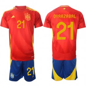 Men\'s Spain Team #21 Mikel Oyarzabal 2024-25 Red Home Soccer Jersey Suit