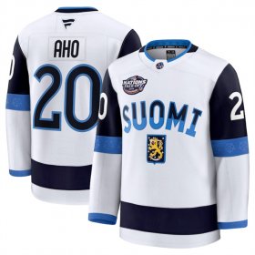 Men\'s Finland #20 Sebastian Aho White 2025 4 Nations Face-Off Premium Stitched Jersey