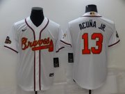 Wholesale Cheap Men's Atlanta Braves #13 Ronald Acuna Jr 2022 White Gold World Series Champions Program Cool Base Stitched Baseball Jersey