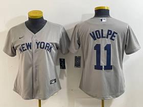 Cheap Women\'s New York Yankees #11 Anthony Volpe Name 2021 Grey Field of Dreams Cool Base Stitched Jersey