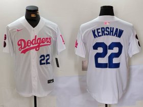 Cheap Men\'s Los Angeles Dodgers #22 Clayton Kershaw White Pink Vin & Kobe Patch Stitched Baseball Jersey 1