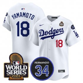 Cheap Men\'s Los Angeles Dodgers #18 Yoshinobu Yamamoto White 2024 World Series With Fernando Memorial Patch Limited Stitched Baseball Jersey