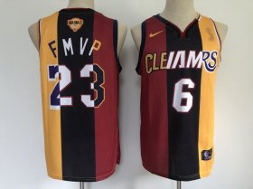 Wholesale Cheap Men\'s Los Angeles Lakers #6 #23 LeBron James 2020 FMVP Heat Cavaliers Split Dual Number Red Gold Jersey