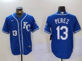 Cheap Men's Kansas City Royals #13 Salvador Perez Number Blue KC Cool Base Stitched Jersey