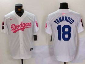 Cheap Men\'s Los Angeles Dodgers #18 Yoshinobu Yamamoto White Pink Vin & Kobe Patch Stitched Baseball Jersey1