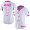 Wholesale Cheap Nike Browns #6 Baker Mayfield White/Pink Women's Stitched NFL Limited Rush Fashion Jersey