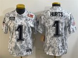 Cheap Women's Philadelphia Eagles #1 Jalen Hurts 2025 Super Bowl LIX Patch F.U.S.E. Arctic Camo Salute to Service Limited Football Stitched Jersey(Run Small)