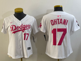 Cheap Women\'s Los Angeles Dodgers #17 Shohei Ohtani Number White Pink Limited Cool Base Stitched Jersey