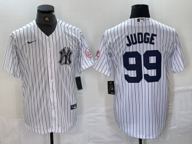 Cheap Men\'s New York Yankees #99 Aaron Judge Name White With Patch 2024 Cool Base Stitched Jersey