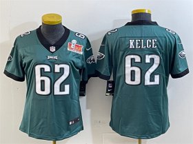 Women\'s Philadelphia Eagles #62 Jason Kelce Green 2025 Super Bowl LIX Patch Vapor Untouchable Limited Stitched Football Jersey(Run Small)