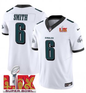 Men\'s Philadelphia Eagles #6 DeVonta Smith White 2025 Super Bowl LIX Patch New F.U.S.E. Vapor Untouchable Limited Stitched Football Jersey