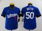 Wholesale Cheap Youth Los Angeles Dodgers #50 Mookie Betts Blue 2021 City Connect Number Cool Base Stitched Jersey