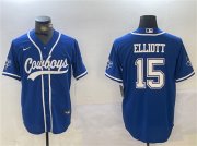 Cheap Men's Dallas Cowboys #15 Ezekiel Elliott Royal With Patch Cool Base Stitched Baseball Jersey