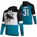 Wholesale Cheap San Jose Sharks #31 Martin Jones Adidas Reverse Retro Pullover Hoodie Gray Teal