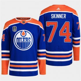 Cheap Men\'s Edmonton Oilers #74 Stuart Skinner Royal 2024 Stanley Cup Final Patch Stitched Jersey