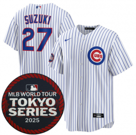 Cheap Men\'s Chicago Cubs #27 Seiya Suzuki White 2025 World Tour Tokyo Series Home Stitched Baseball Jersey