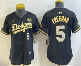 Cheap Women\'s Los Men\'s Los Angeles Dodgers #5 Freddie Freeman Black Gold 2024 World Series 34 Patch Stitched Cool Base Jerseys