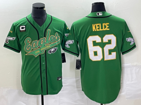 Wholesale Cheap Men\'s Philadelphia Eagles #62 Jason Kelce Green Gold C Patch Cool Base Stitched Baseball Jersey