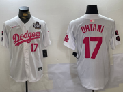 Cheap Men's Los Angeles Dodgers #17 Shohei Ohtani Number White Pink 2024 World Series Limited Cool Base Stitched Jersey