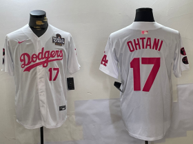 Cheap Men\'s Los Angeles Dodgers #17 Shohei Ohtani Number White Pink 2024 World Series Limited Cool Base Stitched Jersey