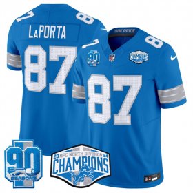 Cheap Men\'s Detroit Lions #87 Sam LaPorta Blue 2024 NFC North Champions 90th Anniversary Patch F.U.S.E. Vapor Limited Stitched Jersey