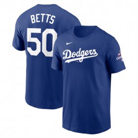 Cheap Men\'s Los Angeles Dodgers #50 Mookie Betts Royal 2024 World Series Champions Name & Number T-Shirt